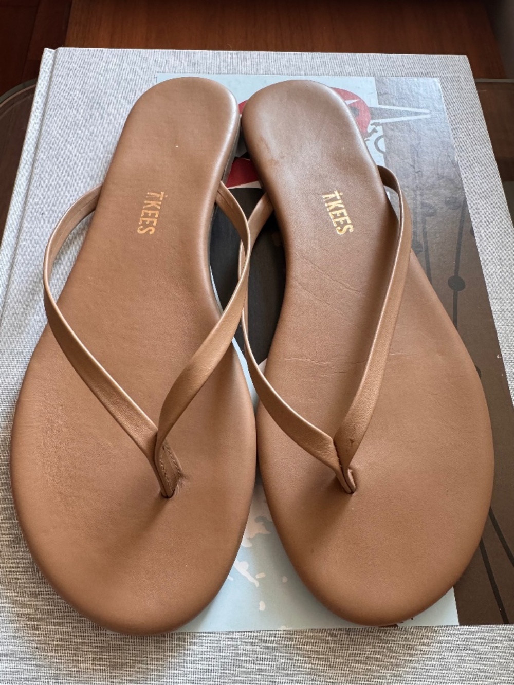 TKEES Beige Leather Flip Flops | Nude Sandals | Size 8